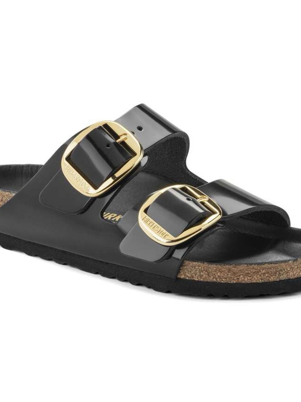 Birkenstock Black Patent Two-Strap Slide with Gold Buckles